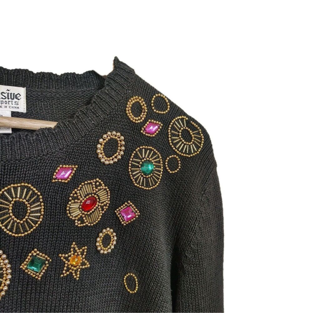 Vintage 80s Gold Beaded Sweater Womens Size L Black Embellished Jewel Knit - Picture 3 of 8